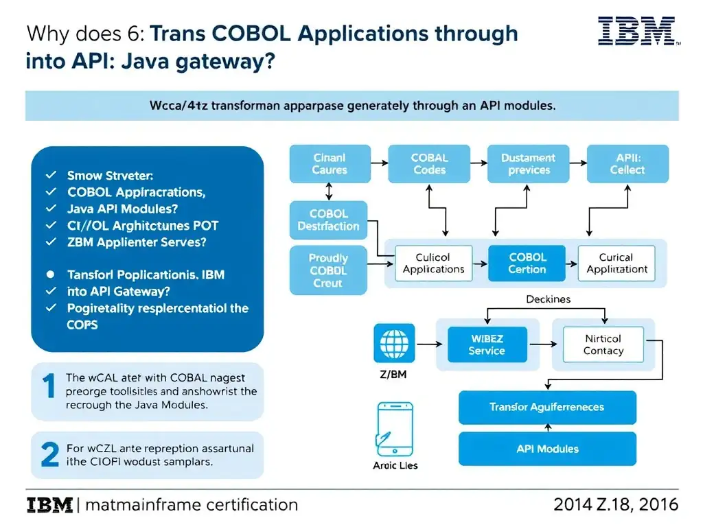 Educational infographic for IBM mainframe certification: Why does the wca4z transformation approach recommend exposing generated Java services through an API gateway?. Domain: Domain 6: Transform COBOL Applications into Java Modules. Show a clean technical diagram with IBM Z system components, COBOL code snippets, z/OS architecture elements, and clear labels. Professional blue and white color scheme.