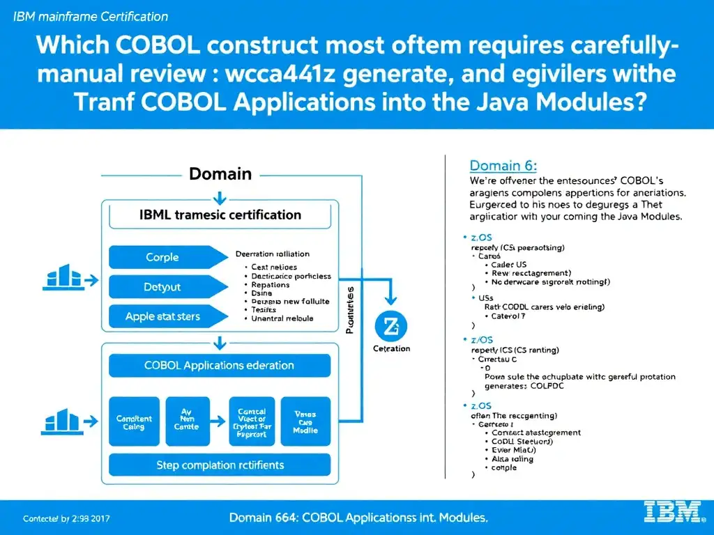 Educational infographic for IBM mainframe certification: Which COBOL construct most often requires careful manual review after wca4z generates the equivalent Java?. Domain: Domain 6: Transform COBOL Applications into Java Modules. Show a clean technical diagram with IBM Z system components, COBOL code snippets, z/OS architecture elements, and clear labels. Professional blue and white color scheme.