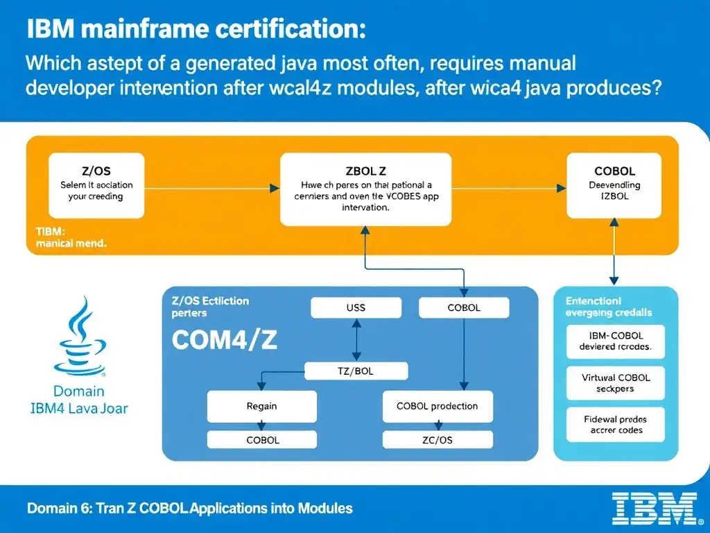 Educational infographic for IBM mainframe certification: Which aspect of generated Java code most often requires manual developer intervention after wca4z produces it?. Domain: Domain 6: Transform COBOL Applications into Java Modules. Show a clean technical diagram with IBM Z system components, COBOL code snippets, z/OS architecture elements, and clear labels. Professional blue and white color scheme.