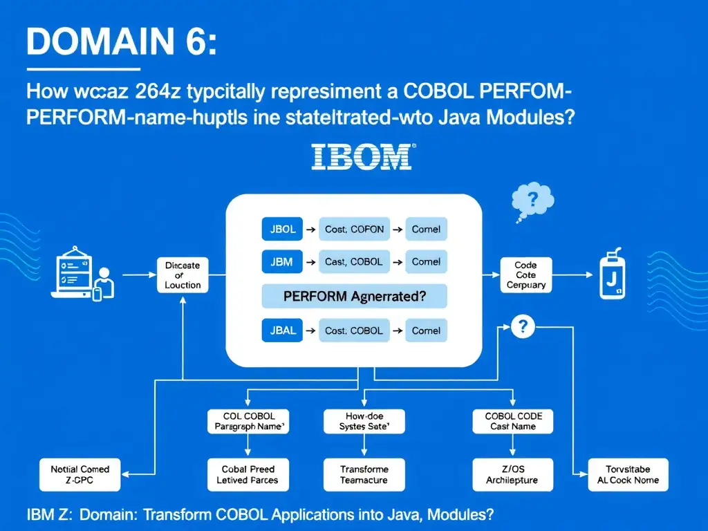 Educational infographic for IBM mainframe certification: How does wca4z typically represent a COBOL PERFORM paragraph-name statement in generated Java?. Domain: Domain 6: Transform COBOL Applications into Java Modules. Show a clean technical diagram with IBM Z system components, COBOL code snippets, z/OS architecture elements, and clear labels. Professional blue and white color scheme.
