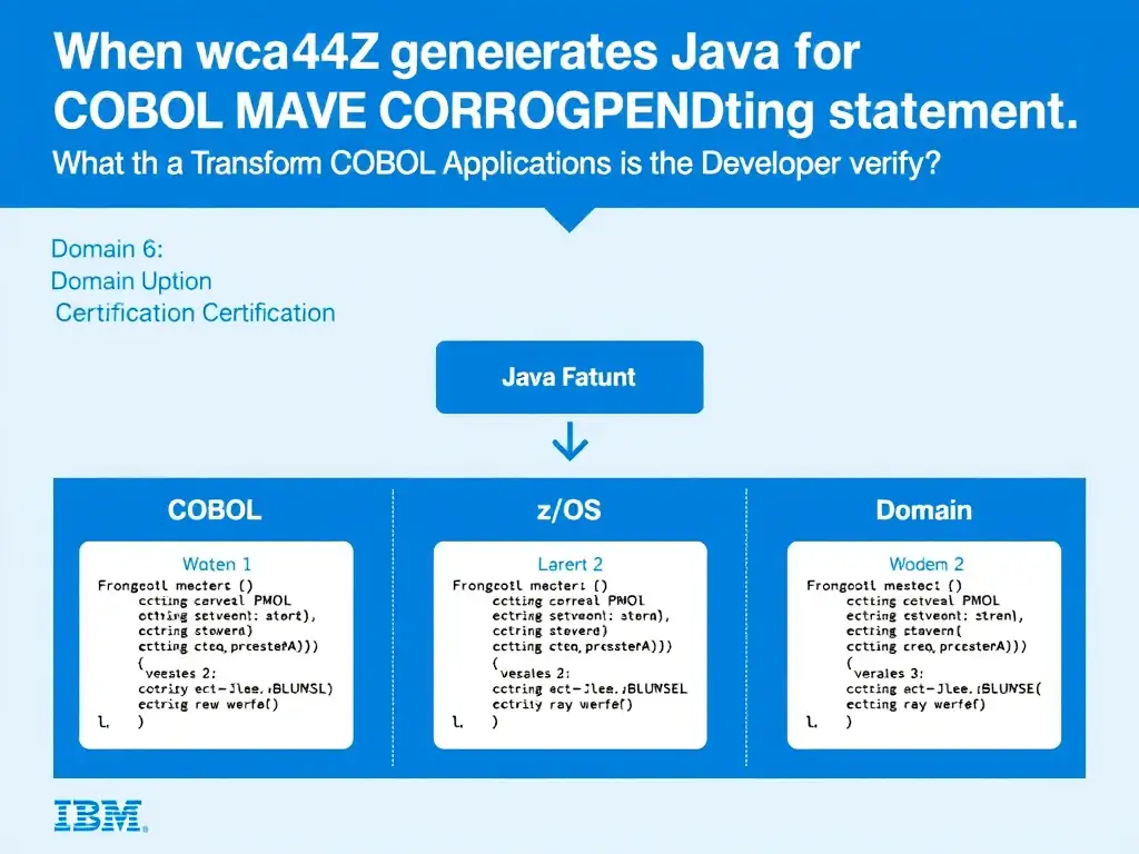 Educational infographic for IBM mainframe certification: When wca4z generates Java for a COBOL MOVE CORRESPONDING statement, what must the developer verify?. Domain: Domain 6: Transform COBOL Applications into Java Modules. Show a clean technical diagram with IBM Z system components, COBOL code snippets, z/OS architecture elements, and clear labels. Professional blue and white color scheme.