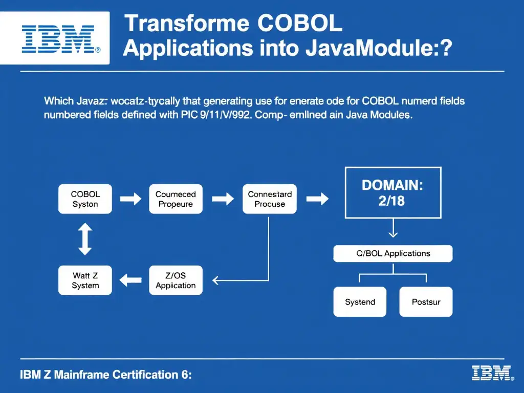 Educational infographic for IBM mainframe certification: Which Java type does wca4z typically use when generating code for COBOL numeric fields defined with PIC 9(11)V9(2) COMP-. Domain: Domain 6: Transform COBOL Applications into Java Modules. Show a clean technical diagram with IBM Z system components, COBOL code snippets, z/OS architecture elements, and clear labels. Professional blue and white color scheme.
