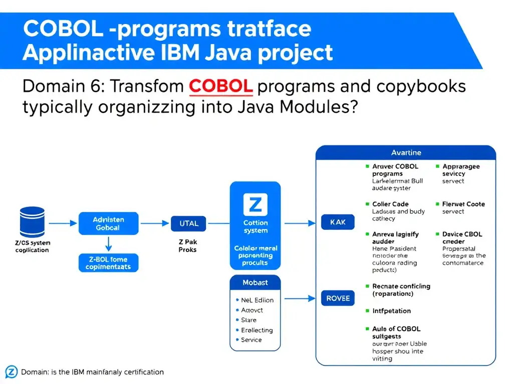 Educational infographic for IBM mainframe certification: In a wca4z-generated Java project, how are COBOL programs and copybooks typically organized into Java packages?. Domain: Domain 6: Transform COBOL Applications into Java Modules. Show a clean technical diagram with IBM Z system components, COBOL code snippets, z/OS architecture elements, and clear labels. Professional blue and white color scheme.