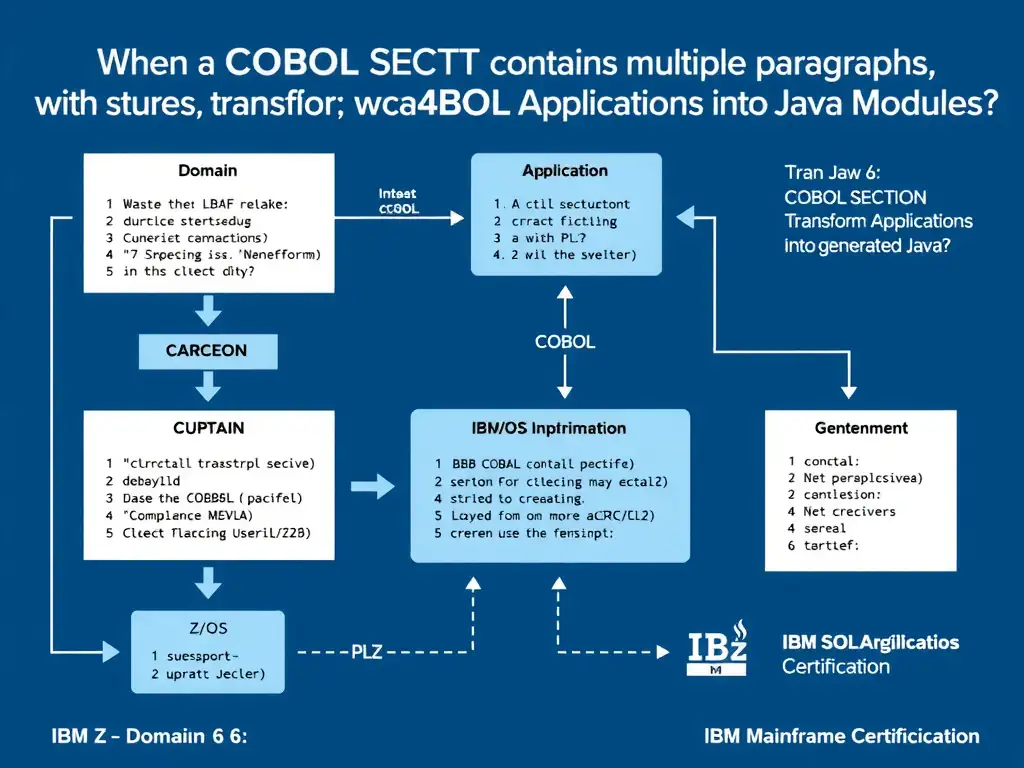 Educational infographic for IBM mainframe certification: When a COBOL SECTION contains multiple paragraphs, how does wca4z structure the generated Java?. Domain: Domain 6: Transform COBOL Applications into Java Modules. Show a clean technical diagram with IBM Z system components, COBOL code snippets, z/OS architecture elements, and clear labels. Professional blue and white color scheme.