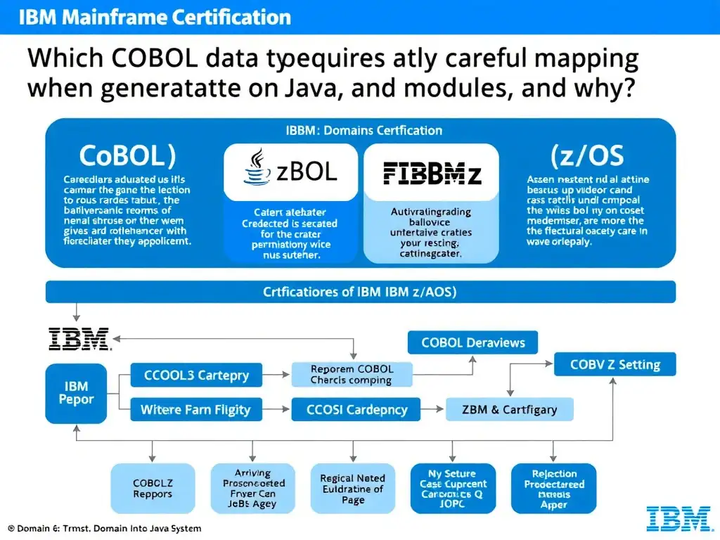 Educational infographic for IBM mainframe certification: Which COBOL data type requires the most careful mapping when generating Java, and why?. Domain: Domain 6: Transform COBOL Applications into Java Modules. Show a clean technical diagram with IBM Z system components, COBOL code snippets, z/OS architecture elements, and clear labels. Professional blue and white color scheme.