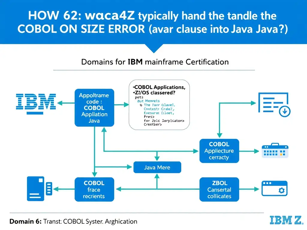 Educational infographic for IBM mainframe certification: How does wca4z typically handle the COBOL ON SIZE ERROR clause in generated Java?. Domain: Domain 6: Transform COBOL Applications into Java Modules. Show a clean technical diagram with IBM Z system components, COBOL code snippets, z/OS architecture elements, and clear labels. Professional blue and white color scheme.