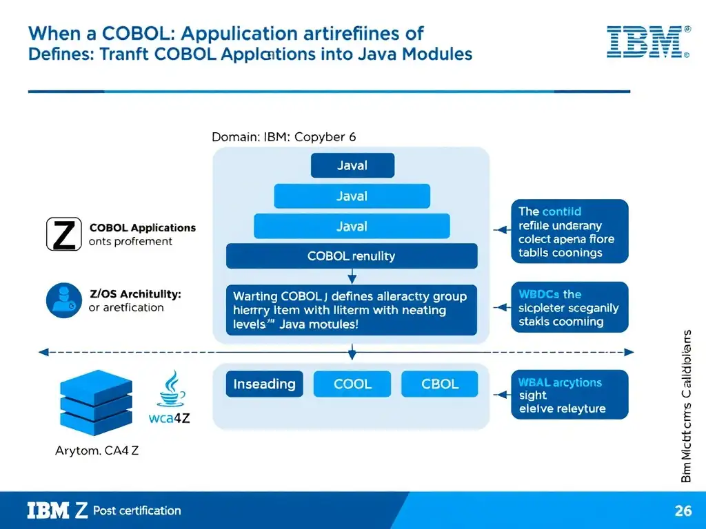 Educational infographic for IBM mainframe certification: When a COBOL copybook defines a hierarchical group item with multiple nested levels, how does wca4z represent it in Java. Domain: Domain 6: Transform COBOL Applications into Java Modules. Show a clean technical diagram with IBM Z system components, COBOL code snippets, z/OS architecture elements, and clear labels. Professional blue and white color scheme.