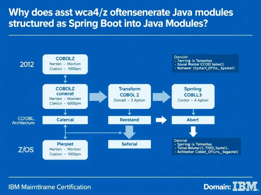 Educational infographic for IBM mainframe certification: Why does wca4z often generate Java modules structured as Spring Boot applications?. Domain: Domain 6: Transform COBOL Applications into Java Modules. Show a clean technical diagram with IBM Z system components, COBOL code snippets, z/OS architecture elements, and clear labels. Professional blue and white color scheme.