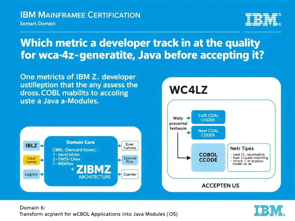 Educational infographic for IBM mainframe certification: Which metric should a developer track to assess the quality of wca4z-generated Java before accepting it?. Domain: Domain 6: Transform COBOL Applications into Java Modules. Show a clean technical diagram with IBM Z system components, COBOL code snippets, z/OS architecture elements, and clear labels. Professional blue and white color scheme.