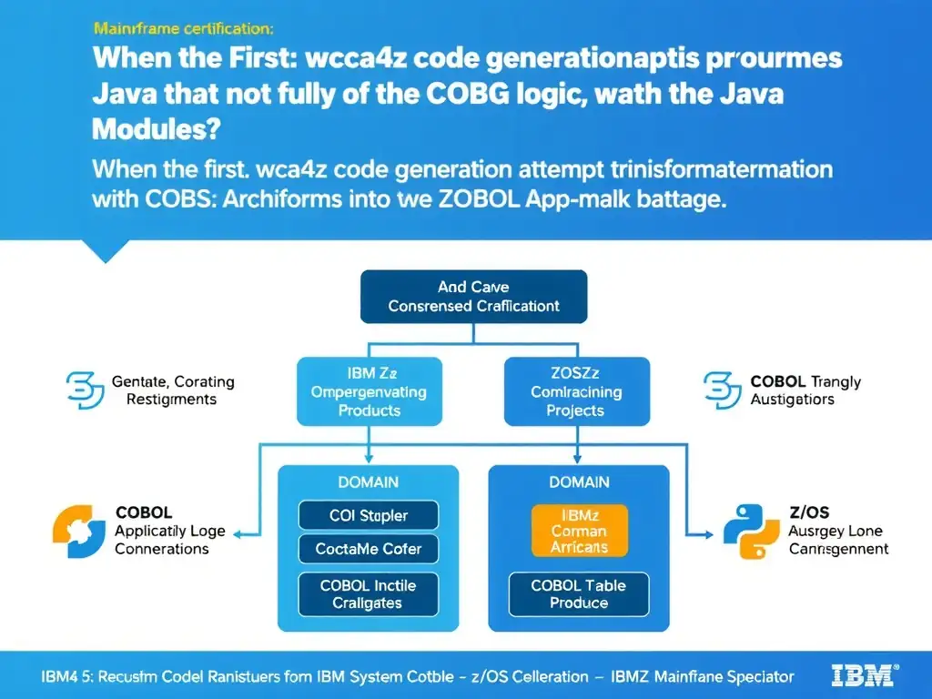 Educational infographic for IBM mainframe certification: When the first wca4z code generation attempt produces Java that does not fully match the COBOL logic, what is the recomm. Domain: Domain 6: Transform COBOL Applications into Java Modules. Show a clean technical diagram with IBM Z system components, COBOL code snippets, z/OS architecture elements, and clear labels. Professional blue and white color scheme.