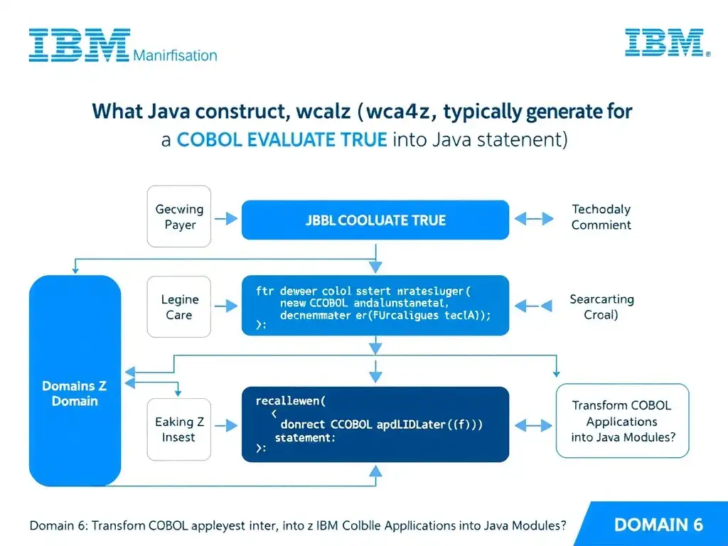 Educational infographic for IBM mainframe certification: What Java construct does wca4z typically generate for a COBOL EVALUATE TRUE statement?. Domain: Domain 6: Transform COBOL Applications into Java Modules. Show a clean technical diagram with IBM Z system components, COBOL code snippets, z/OS architecture elements, and clear labels. Professional blue and white color scheme.