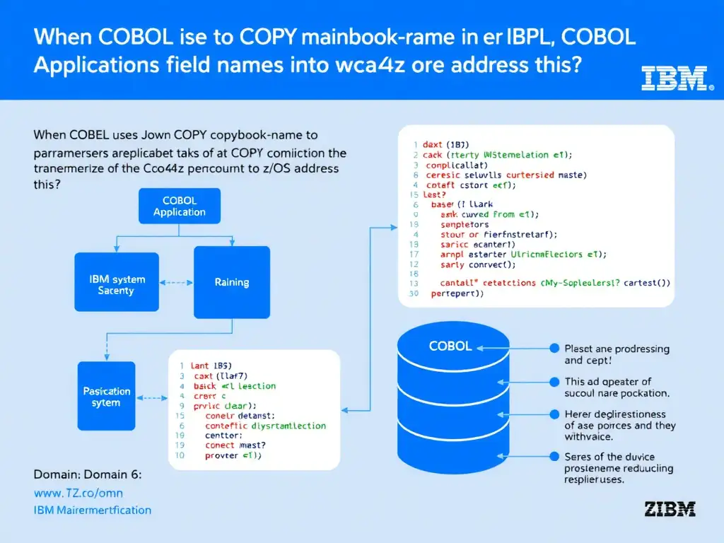 Educational infographic for IBM mainframe certification: When COBOL uses COPY copybook-name REPLACING to parameterize field names, how does wca4z address this?. Domain: Domain 6: Transform COBOL Applications into Java Modules. Show a clean technical diagram with IBM Z system components, COBOL code snippets, z/OS architecture elements, and clear labels. Professional blue and white color scheme.