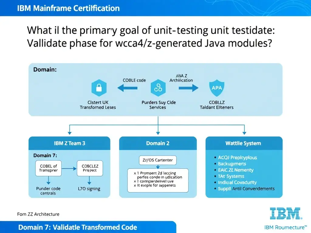 Educational infographic for IBM mainframe certification: What is the primary goal of unit testing during the Validate phase for wca4z-generated Java modules?. Domain: Domain 7: Validate Transformed Code. Show a clean technical diagram with IBM Z system components, COBOL code snippets, z/OS architecture elements, and clear labels. Professional blue and white color scheme.