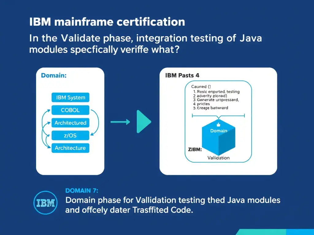 Educational infographic for IBM mainframe certification: In the Validate phase, integration testing of generated Java modules specifically verifies what?. Domain: Domain 7: Validate Transformed Code. Show a clean technical diagram with IBM Z system components, COBOL code snippets, z/OS architecture elements, and clear labels. Professional blue and white color scheme.