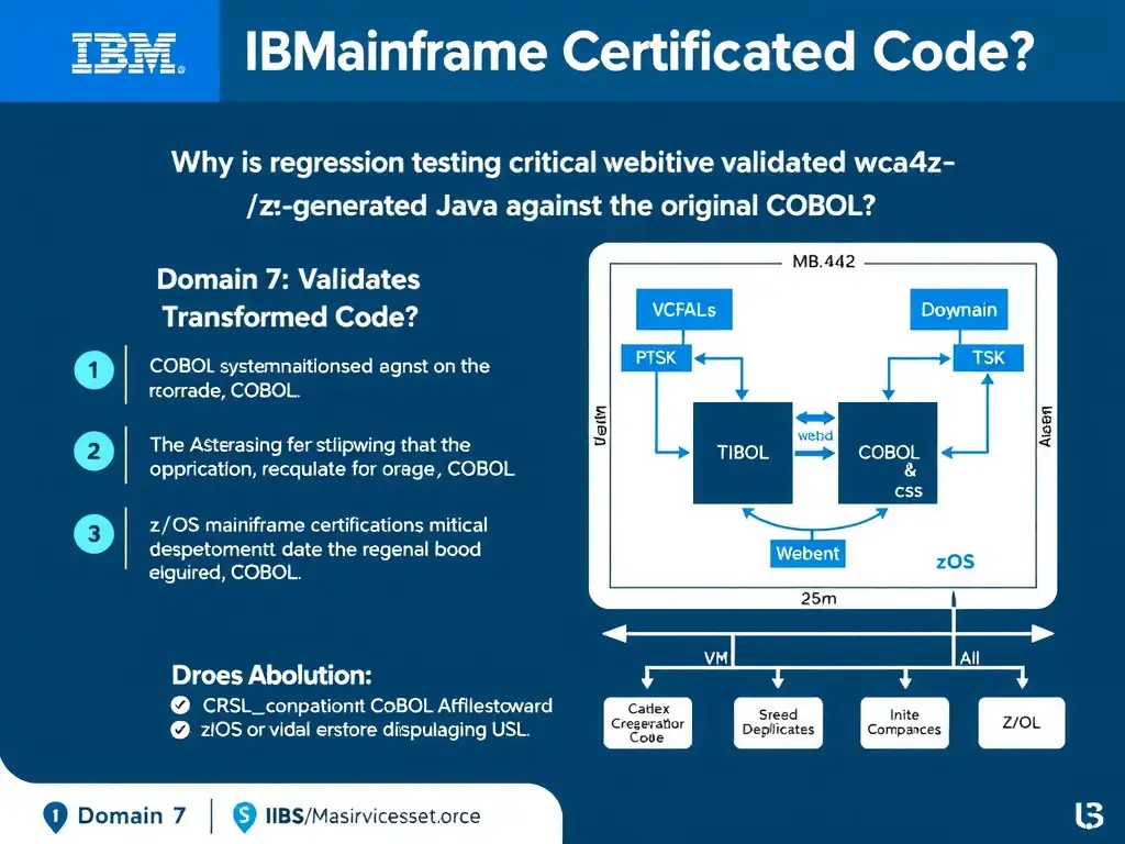 Educational infographic for IBM mainframe certification: Why is regression testing critical when validating wca4z-generated Java against the original COBOL?. Domain: Domain 7: Validate Transformed Code. Show a clean technical diagram with IBM Z system components, COBOL code snippets, z/OS architecture elements, and clear labels. Professional blue and white color scheme.