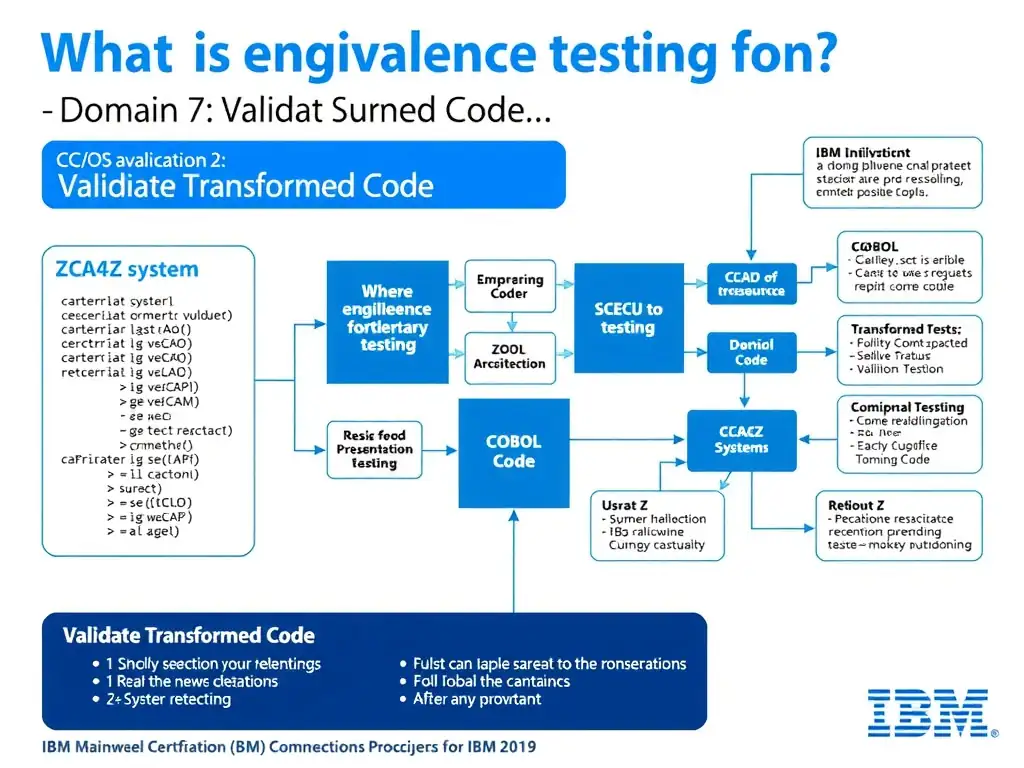 Educational infographic for IBM mainframe certification: What is equivalence testing in the context of wca4z validation?. Domain: Domain 7: Validate Transformed Code. Show a clean technical diagram with IBM Z system components, COBOL code snippets, z/OS architecture elements, and clear labels. Professional blue and white color scheme.