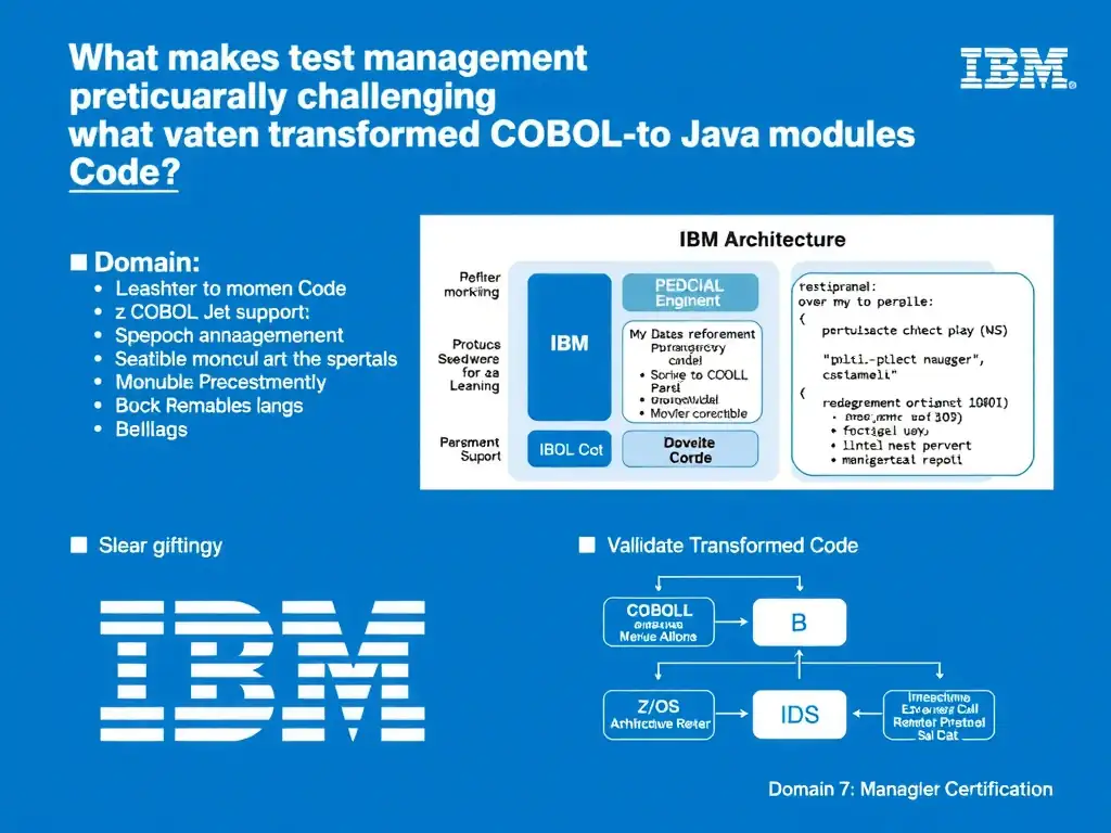Educational infographic for IBM mainframe certification: What makes test data management particularly challenging when validating transformed COBOL-to-Java modules?. Domain: Domain 7: Validate Transformed Code. Show a clean technical diagram with IBM Z system components, COBOL code snippets, z/OS architecture elements, and clear labels. Professional blue and white color scheme.