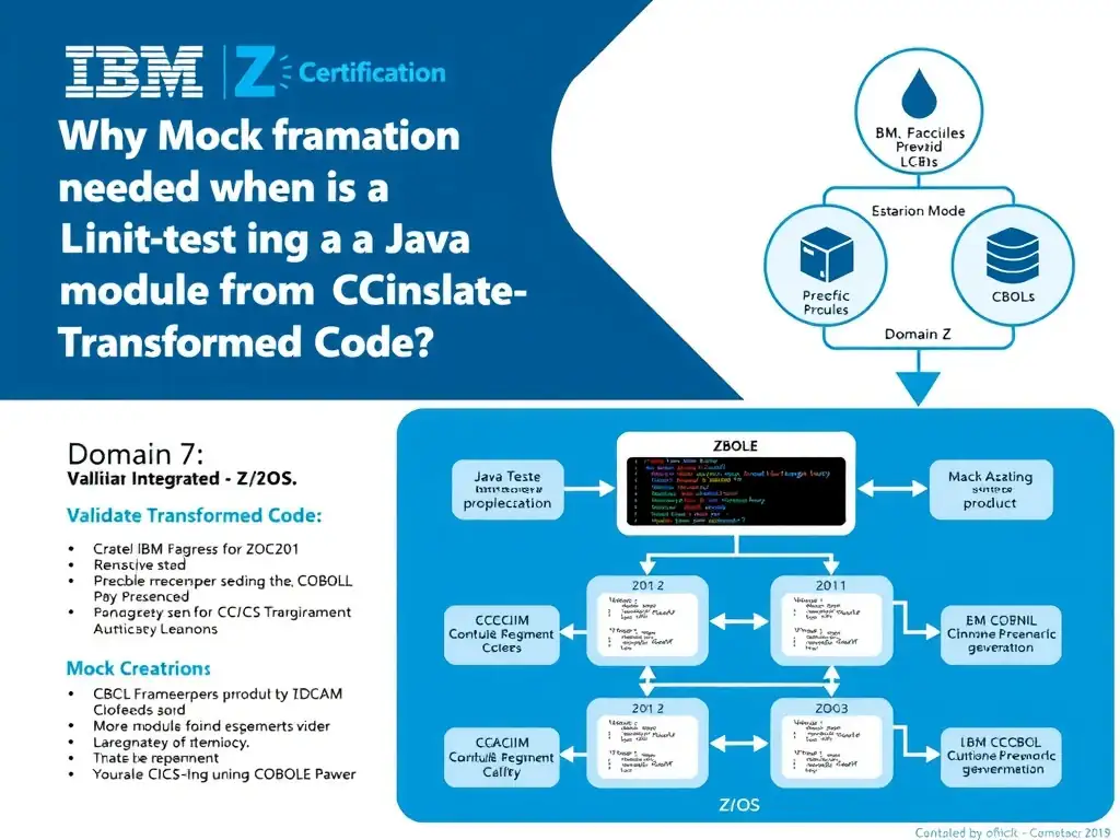 Educational infographic for IBM mainframe certification: Why is a CICS mock framework needed when unit testing a Java module generated from a CICS-integrated COBOL program?. Domain: Domain 7: Validate Transformed Code. Show a clean technical diagram with IBM Z system components, COBOL code snippets, z/OS architecture elements, and clear labels. Professional blue and white color scheme.