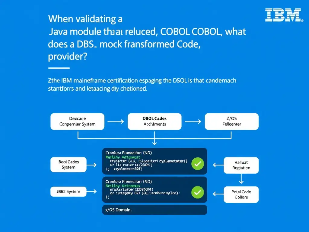 Educational infographic for IBM mainframe certification: When validating a Java module that replaced COBOL with embedded DB2 SQL, what does a DB2 mock framework provide?. Domain: Domain 7: Validate Transformed Code. Show a clean technical diagram with IBM Z system components, COBOL code snippets, z/OS architecture elements, and clear labels. Professional blue and white color scheme.