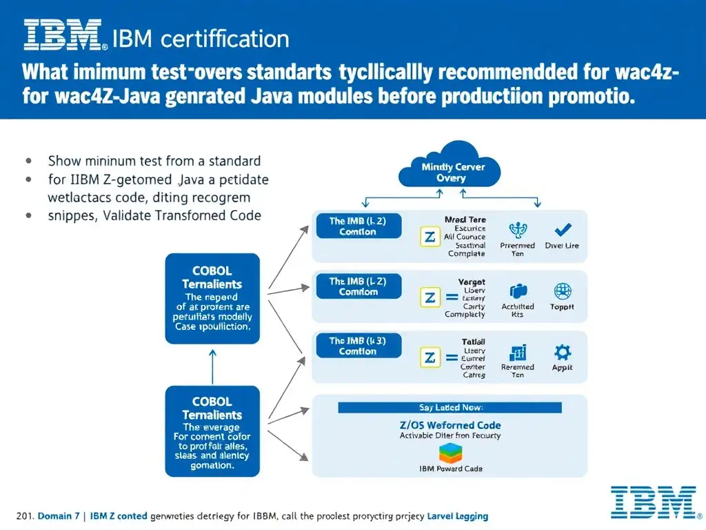 Educational infographic for IBM mainframe certification: What minimum test coverage standard is typically recommended for wca4z-generated Java modules before production promotio. Domain: Domain 7: Validate Transformed Code. Show a clean technical diagram with IBM Z system components, COBOL code snippets, z/OS architecture elements, and clear labels. Professional blue and white color scheme.