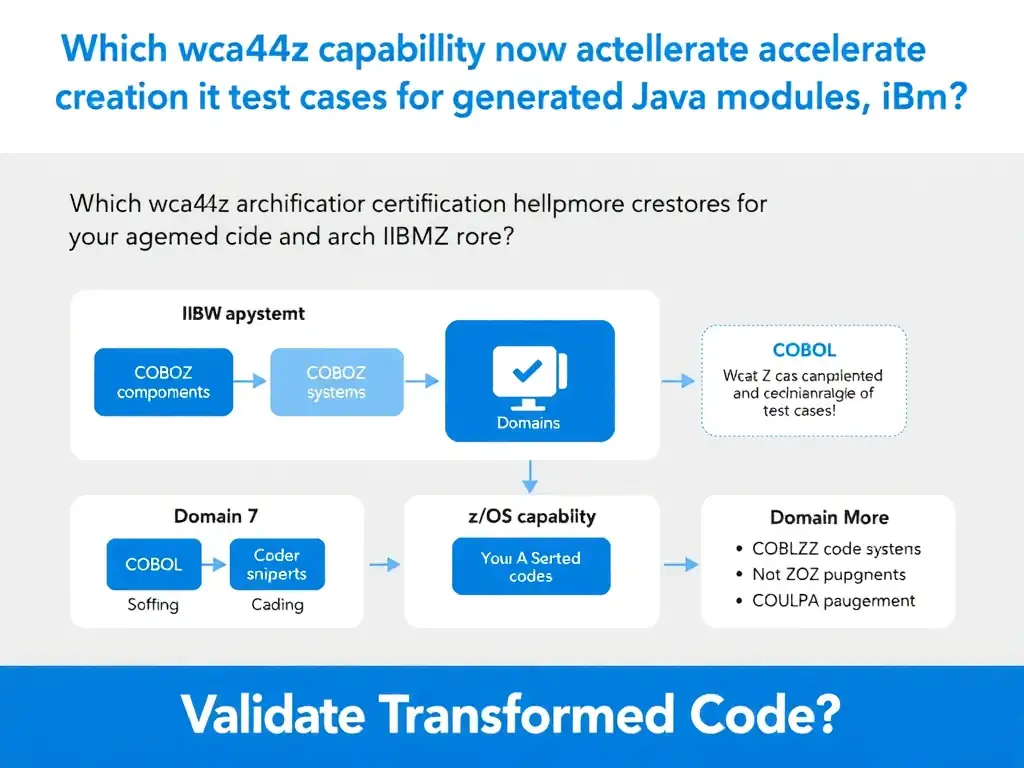 Educational infographic for IBM mainframe certification: Which wca4z capability helps accelerate creation of test cases for generated Java modules?. Domain: Domain 7: Validate Transformed Code. Show a clean technical diagram with IBM Z system components, COBOL code snippets, z/OS architecture elements, and clear labels. Professional blue and white color scheme.