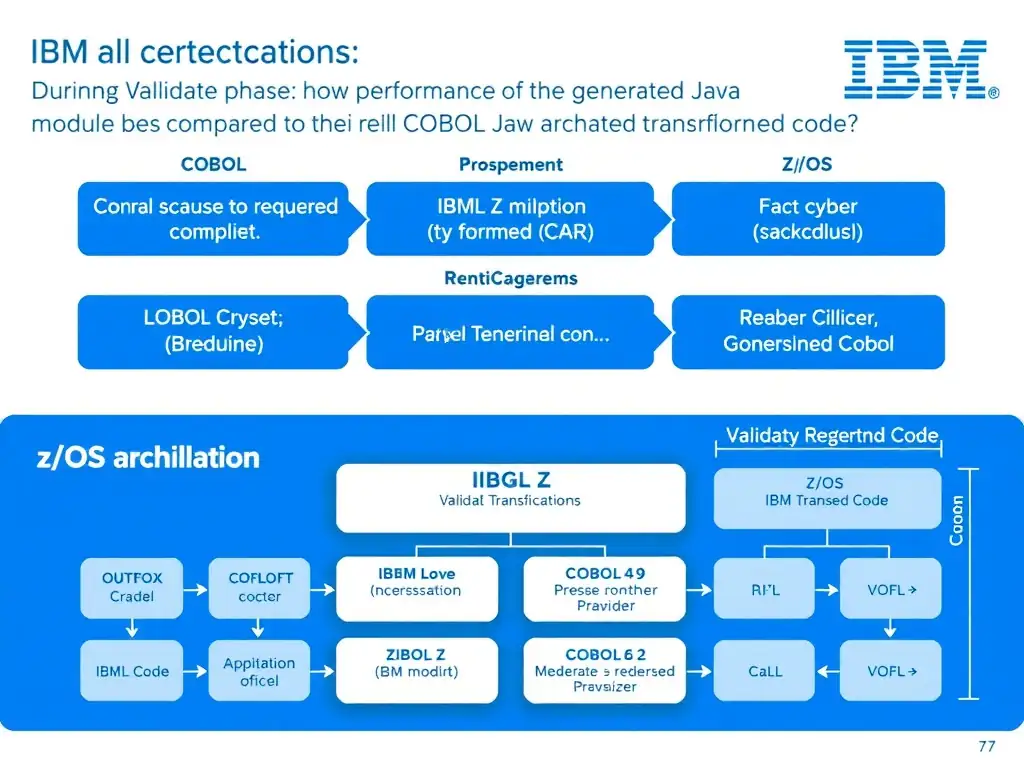 Educational infographic for IBM mainframe certification: During the Validate phase, how should performance of the generated Java module be compared to the original COBOL?. Domain: Domain 7: Validate Transformed Code. Show a clean technical diagram with IBM Z system components, COBOL code snippets, z/OS architecture elements, and clear labels. Professional blue and white color scheme.