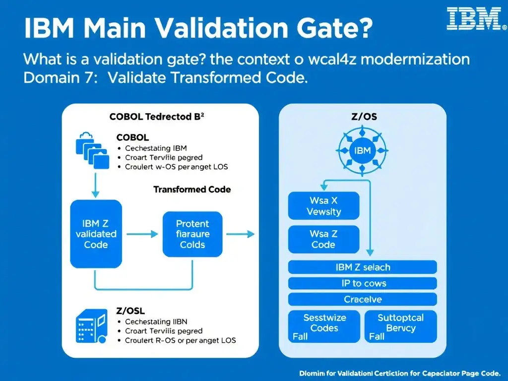 Educational infographic for IBM mainframe certification: What is a validation gate in the context of wca4z-based modernization?. Domain: Domain 7: Validate Transformed Code. Show a clean technical diagram with IBM Z system components, COBOL code snippets, z/OS architecture elements, and clear labels. Professional blue and white color scheme.
