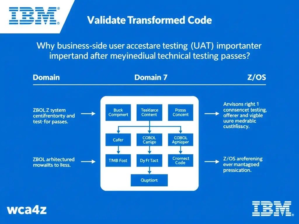 Educational infographic for IBM mainframe certification: In wca4z validation, why is business-side user acceptance testing (UAT) important after technical testing passes?. Domain: Domain 7: Validate Transformed Code. Show a clean technical diagram with IBM Z system components, COBOL code snippets, z/OS architecture elements, and clear labels. Professional blue and white color scheme.