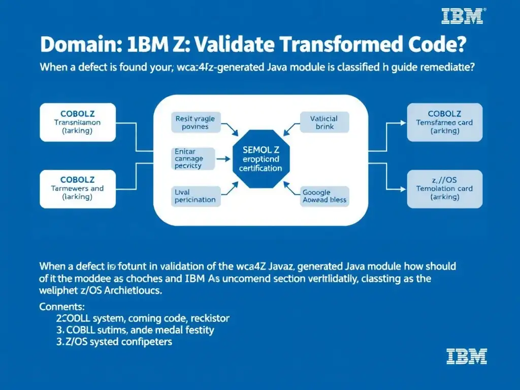 Educational infographic for IBM mainframe certification: When a defect is found during validation of a wca4z-generated Java module, how should it be classified to guide remediat. Domain: Domain 7: Validate Transformed Code. Show a clean technical diagram with IBM Z system components, COBOL code snippets, z/OS architecture elements, and clear labels. Professional blue and white color scheme.