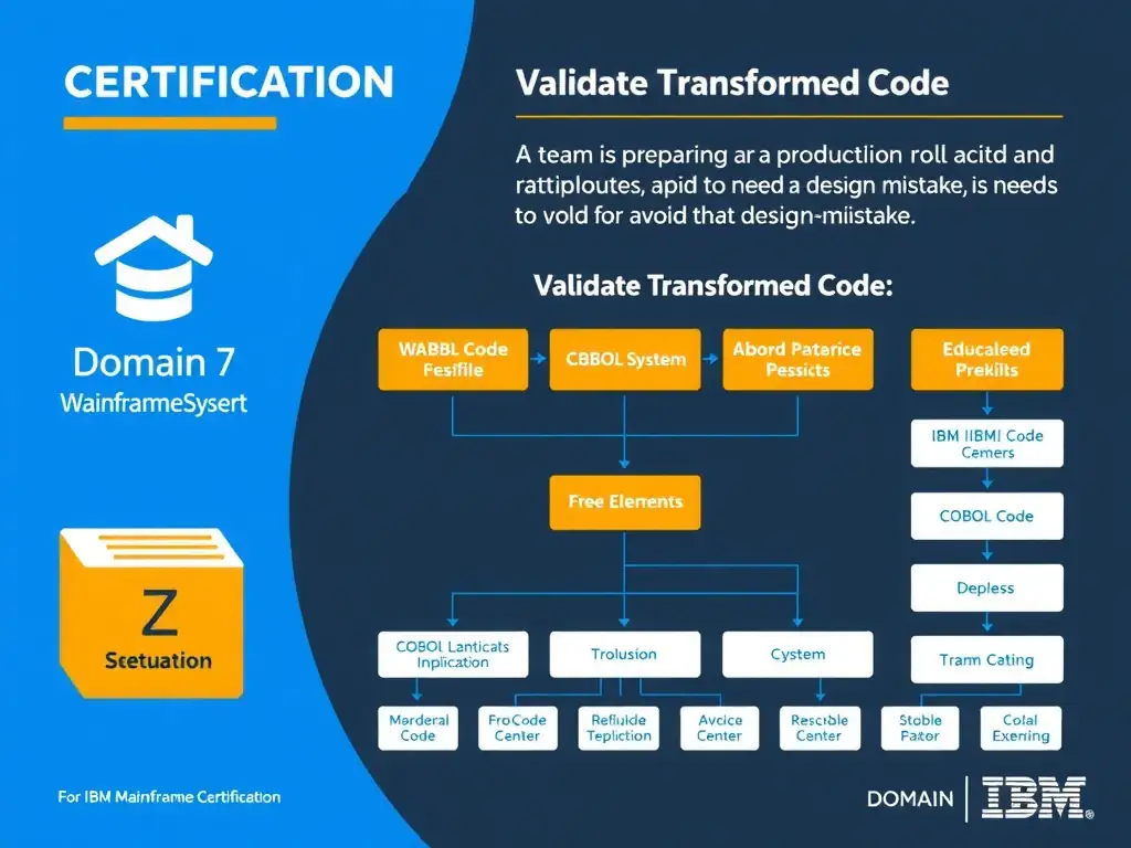 Educational infographic for IBM mainframe certification: A team is preparing a production rollout and needs to avoid a design mistake. For IBM Certified watsonx Mainframe Modern. Domain: Domain 7: Validate Transformed Code. Show a clean technical diagram with IBM Z system components, COBOL code snippets, z/OS architecture elements, and clear labels. Professional blue and white color scheme.