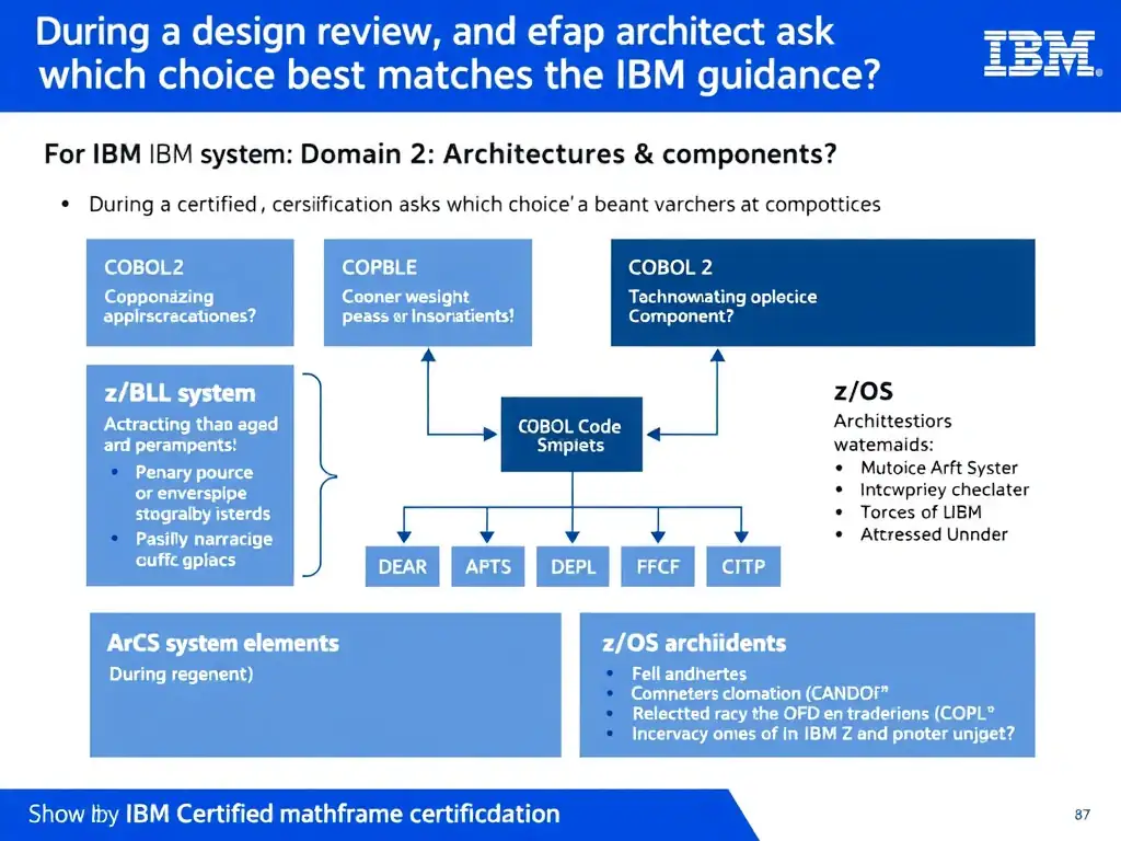 Educational infographic for IBM mainframe certification: During a design review, an architect asks which choice best matches the IBM guidance. For IBM Certified watsonx Mainfram. Domain: Domain 2: Architecture & Components. Show a clean technical diagram with IBM Z system components, COBOL code snippets, z/OS architecture elements, and clear labels. Professional blue and white color scheme.
