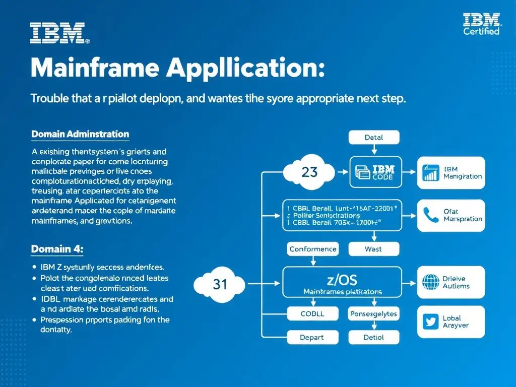 Educational infographic for IBM mainframe certification: An administrator is troubleshooting a pilot deployment and wants the most appropriate next step. For IBM Certified watso. Domain: Domain 4: Optimize Mainframe Applications. Show a clean technical diagram with IBM Z system components, COBOL code snippets, z/OS architecture elements, and clear labels. Professional blue and white color scheme.