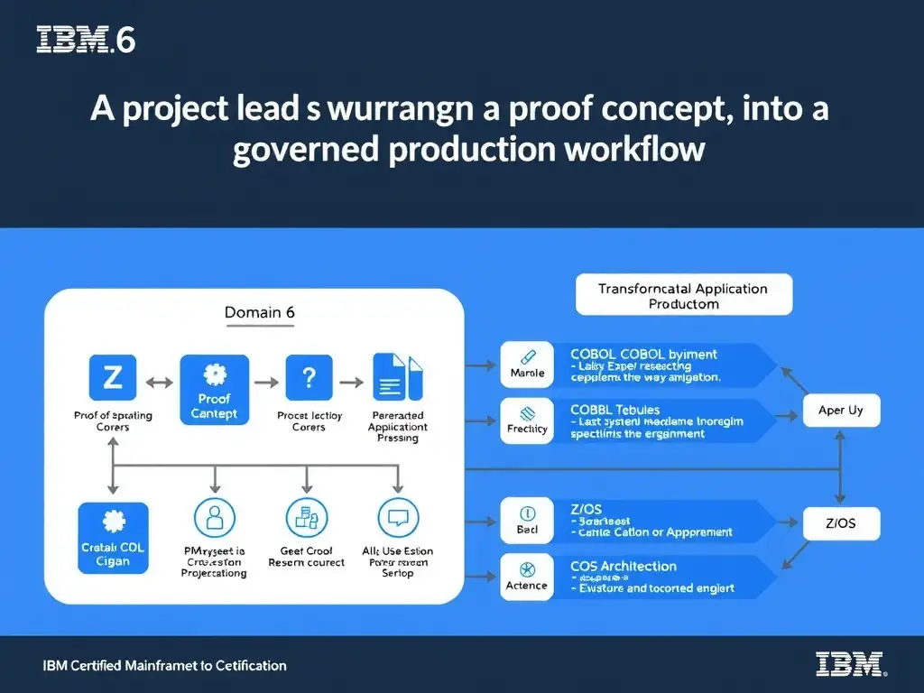 Educational infographic for IBM mainframe certification: A project lead is turning a proof of concept into a governed production workflow. For IBM Certified watsonx Mainframe Mo. Domain: Domain 6: Transform COBOL Applications into Java Modules. Show a clean technical diagram with IBM Z system components, COBOL code snippets, z/OS architecture elements, and clear labels. Professional blue and white color scheme.