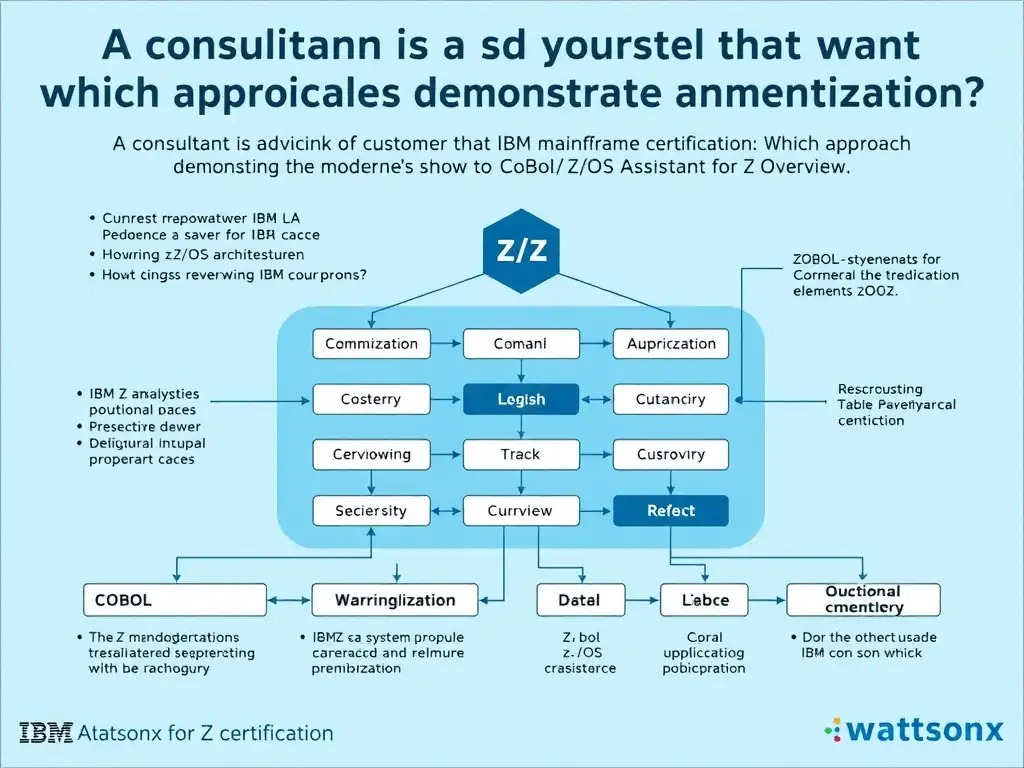 Educational infographic for IBM mainframe certification: A consultant is advising a customer that wants a scalable implementation. Which approach best demonstrates modernization. Domain: Domain 1: watsonx Code Assistant for Z Overview. Show a clean technical diagram with IBM Z system components, COBOL code snippets, z/OS architecture elements, and clear labels. Professional blue and white color scheme.