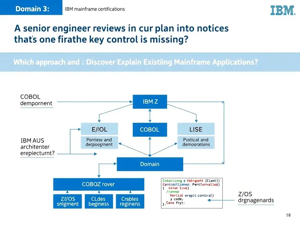 Educational infographic for IBM mainframe certification: A senior engineer reviews the current plan and notices that one key control is missing. Which approach best demonstrates. Domain: Domain 3: Discover and Explain Existing Mainframe Applications. Show a clean technical diagram with IBM Z system components, COBOL code snippets, z/OS architecture elements, and clear labels. Professional blue and white color scheme.