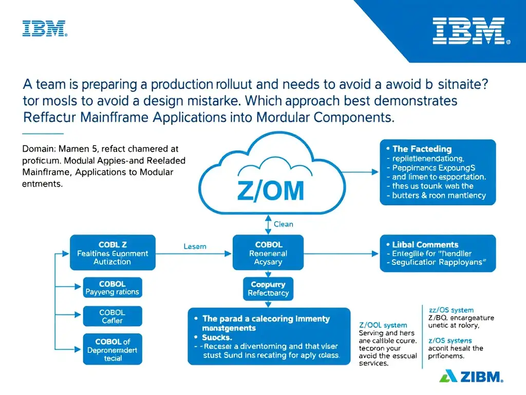 Educational infographic for IBM mainframe certification: A team is preparing a production rollout and needs to avoid a design mistake. Which approach best demonstrates service b. Domain: Domain 5: Refactor Mainframe Applications into Modular Components. Show a clean technical diagram with IBM Z system components, COBOL code snippets, z/OS architecture elements, and clear labels. Professional blue and white color scheme.