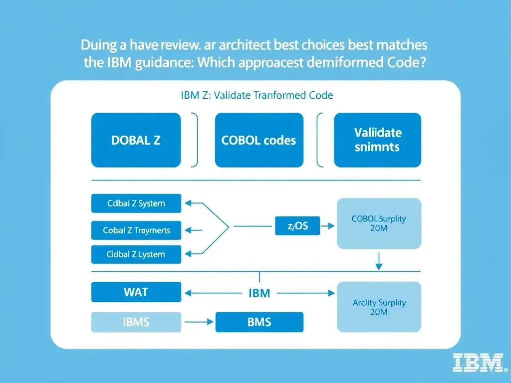 Educational infographic for IBM mainframe certification: During a design review, an architect asks which choice best matches the IBM guidance. Which approach best demonstrates r. Domain: Domain 7: Validate Transformed Code. Show a clean technical diagram with IBM Z system components, COBOL code snippets, z/OS architecture elements, and clear labels. Professional blue and white color scheme.