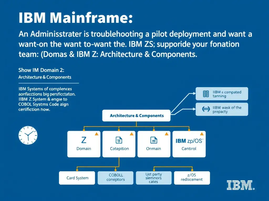 Educational infographic for IBM mainframe certification: An administrator is troubleshooting a pilot deployment and wants the most appropriate next step. The team is focused on . Domain: Domain 2: Architecture & Components. Show a clean technical diagram with IBM Z system components, COBOL code snippets, z/OS architecture elements, and clear labels. Professional blue and white color scheme.
