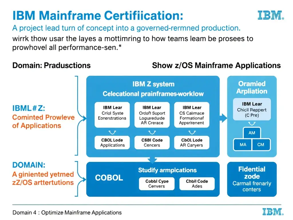 Educational infographic for IBM mainframe certification: A project lead is turning a proof of concept into a governed production workflow. The team is focused on performance-sen. Domain: Domain 4: Optimize Mainframe Applications. Show a clean technical diagram with IBM Z system components, COBOL code snippets, z/OS architecture elements, and clear labels. Professional blue and white color scheme.