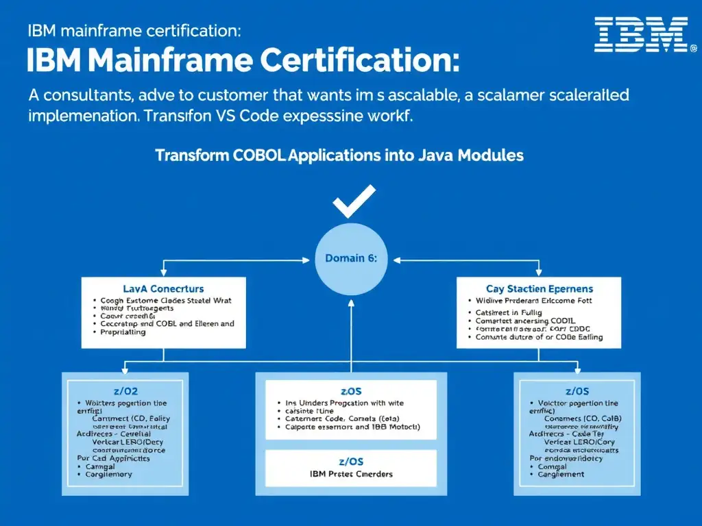 Educational infographic for IBM mainframe certification: A consultant is advising a customer that wants a scalable implementation. The team is focused on VS Code extension workf. Domain: Domain 6: Transform COBOL Applications into Java Modules. Show a clean technical diagram with IBM Z system components, COBOL code snippets, z/OS architecture elements, and clear labels. Professional blue and white color scheme.