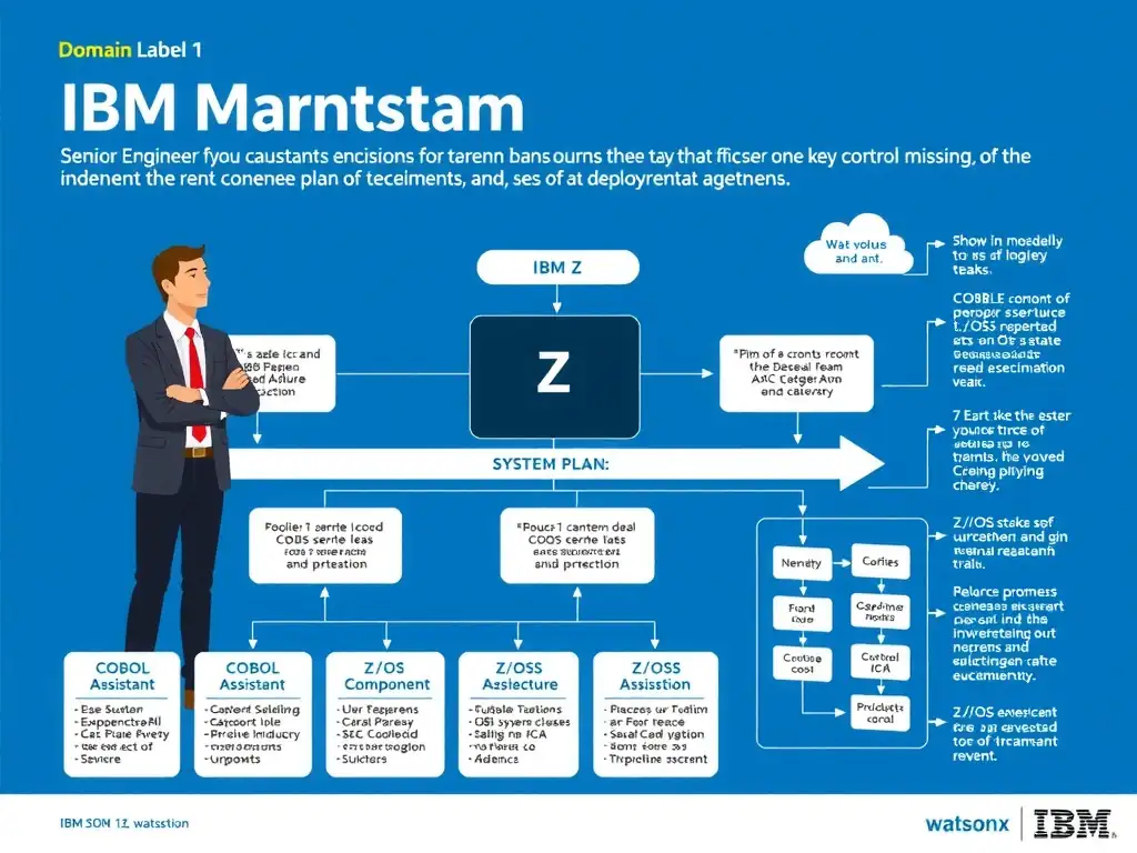 Educational infographic for IBM mainframe certification: A senior engineer reviews the current plan and notices that one key control is missing. The team is focused on deploymen. Domain: Domain 1: watsonx Code Assistant for Z Overview. Show a clean technical diagram with IBM Z system components, COBOL code snippets, z/OS architecture elements, and clear labels. Professional blue and white color scheme.