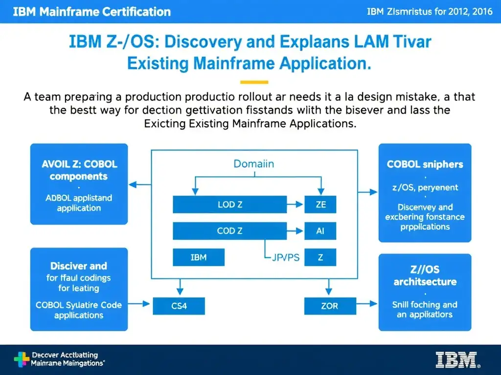 Educational infographic for IBM mainframe certification: A team is preparing a production rollout and needs to avoid a design mistake. What is the best way to handle application. Domain: Domain 3: Discover and Explain Existing Mainframe Applications. Show a clean technical diagram with IBM Z system components, COBOL code snippets, z/OS architecture elements, and clear labels. Professional blue and white color scheme.