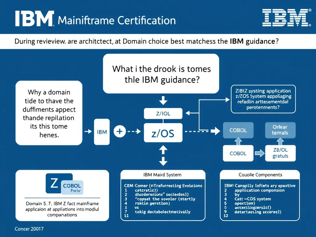 Educational infographic for IBM mainframe certification: During a design review, an architect asks which choice best matches the IBM guidance. What is the best way to handle ref. Domain: Domain 5: Refactor Mainframe Applications into Modular Components. Show a clean technical diagram with IBM Z system components, COBOL code snippets, z/OS architecture elements, and clear labels. Professional blue and white color scheme.