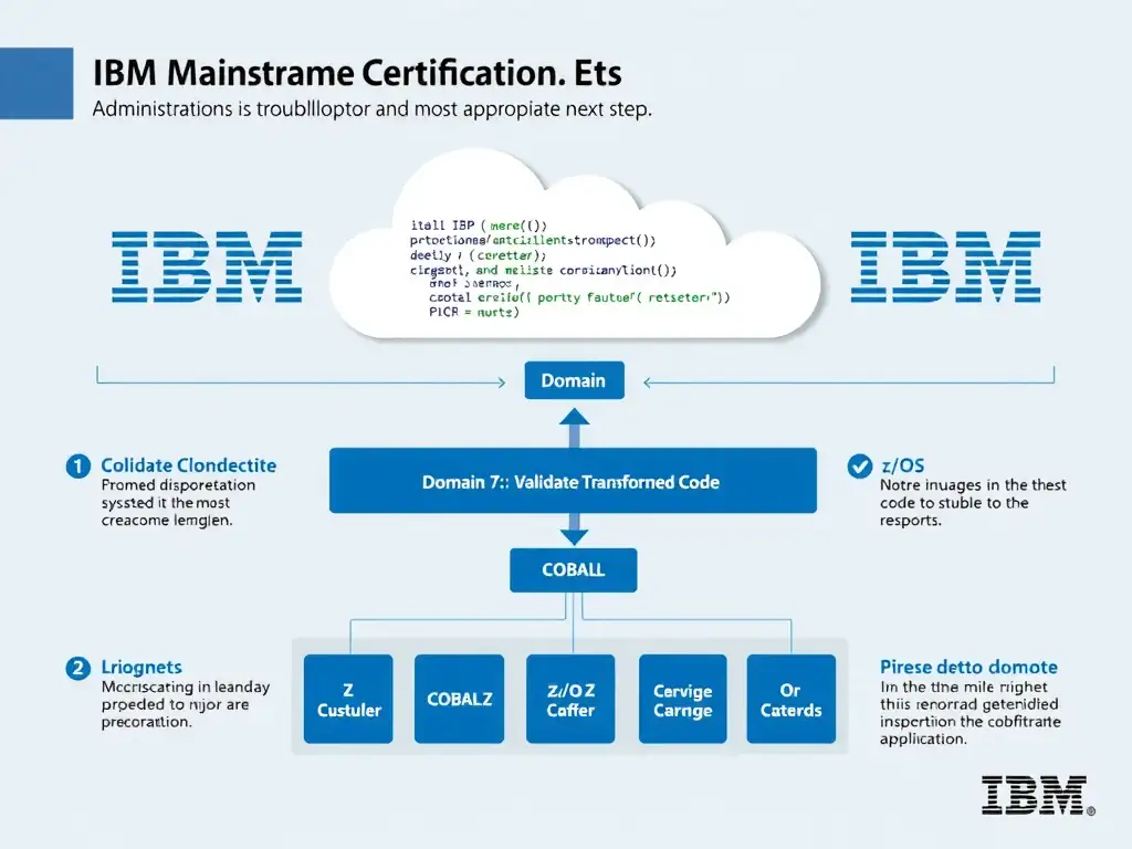 Educational infographic for IBM mainframe certification: An administrator is troubleshooting a pilot deployment and wants the most appropriate next step. What is the best way to. Domain: Domain 7: Validate Transformed Code. Show a clean technical diagram with IBM Z system components, COBOL code snippets, z/OS architecture elements, and clear labels. Professional blue and white color scheme.