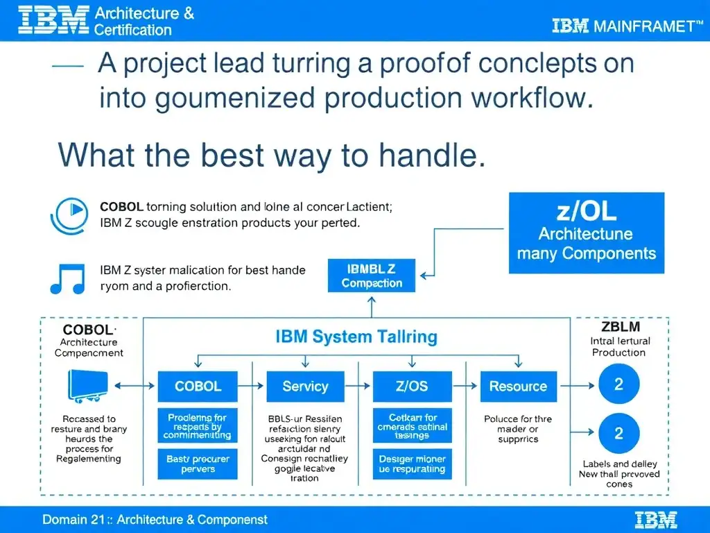 Educational infographic for IBM mainframe certification: A project lead is turning a proof of concept into a governed production workflow. What is the best way to handle resourc. Domain: Domain 2: Architecture & Components. Show a clean technical diagram with IBM Z system components, COBOL code snippets, z/OS architecture elements, and clear labels. Professional blue and white color scheme.
