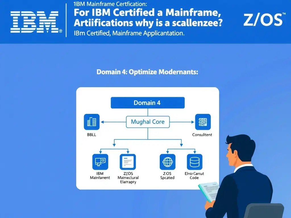 Educational infographic for IBM mainframe certification: A consultant is advising a customer that wants a scalable implementation. For IBM Certified watsonx Mainframe Modernizat. Domain: Domain 4: Optimize Mainframe Applications. Show a clean technical diagram with IBM Z system components, COBOL code snippets, z/OS architecture elements, and clear labels. Professional blue and white color scheme.
