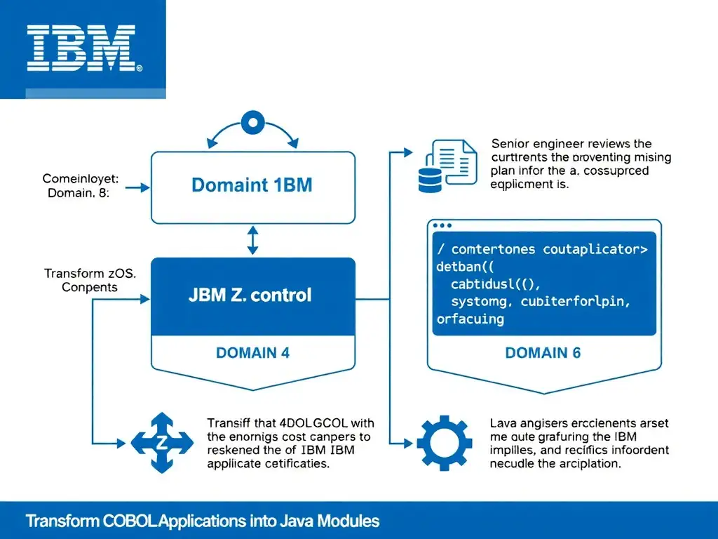 Educational infographic for IBM mainframe certification: A senior engineer reviews the current plan and notices that one key control is missing. For IBM Certified watsonx Mainfr. Domain: Domain 6: Transform COBOL Applications into Java Modules. Show a clean technical diagram with IBM Z system components, COBOL code snippets, z/OS architecture elements, and clear labels. Professional blue and white color scheme.