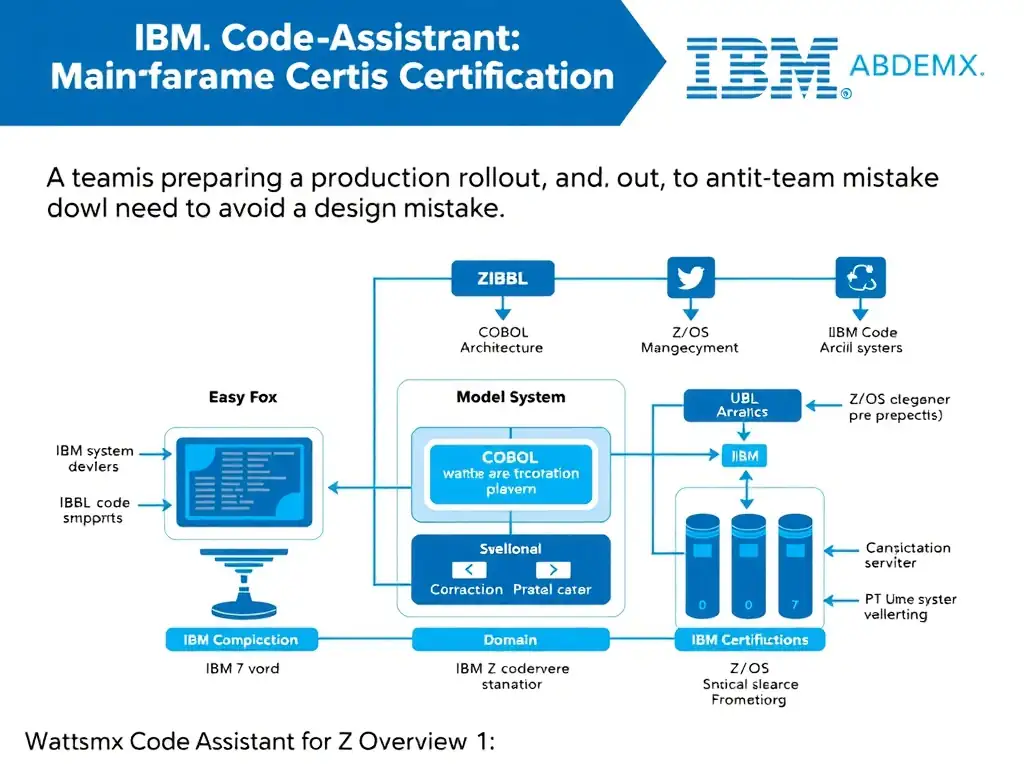 Educational infographic for IBM mainframe certification: A team is preparing a production rollout and needs to avoid a design mistake. For IBM Certified watsonx Mainframe Modern. Domain: Domain 1: watsonx Code Assistant for Z Overview. Show a clean technical diagram with IBM Z system components, COBOL code snippets, z/OS architecture elements, and clear labels. Professional blue and white color scheme.