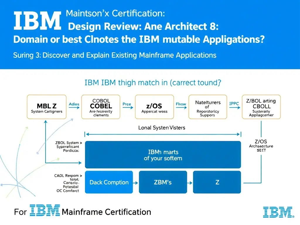 Educational infographic for IBM mainframe certification: During a design review, an architect asks which choice best matches the IBM guidance. For IBM Certified watsonx Mainfram. Domain: Domain 3: Discover and Explain Existing Mainframe Applications. Show a clean technical diagram with IBM Z system components, COBOL code snippets, z/OS architecture elements, and clear labels. Professional blue and white color scheme.