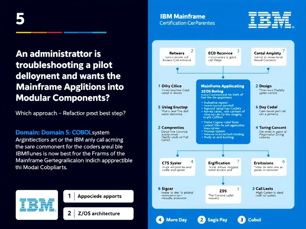 Educational infographic for IBM mainframe certification: An administrator is troubleshooting a pilot deployment and wants the most appropriate next step. Which approach best dem. Domain: Domain 5: Refactor Mainframe Applications into Modular Components. Show a clean technical diagram with IBM Z system components, COBOL code snippets, z/OS architecture elements, and clear labels. Professional blue and white color scheme.